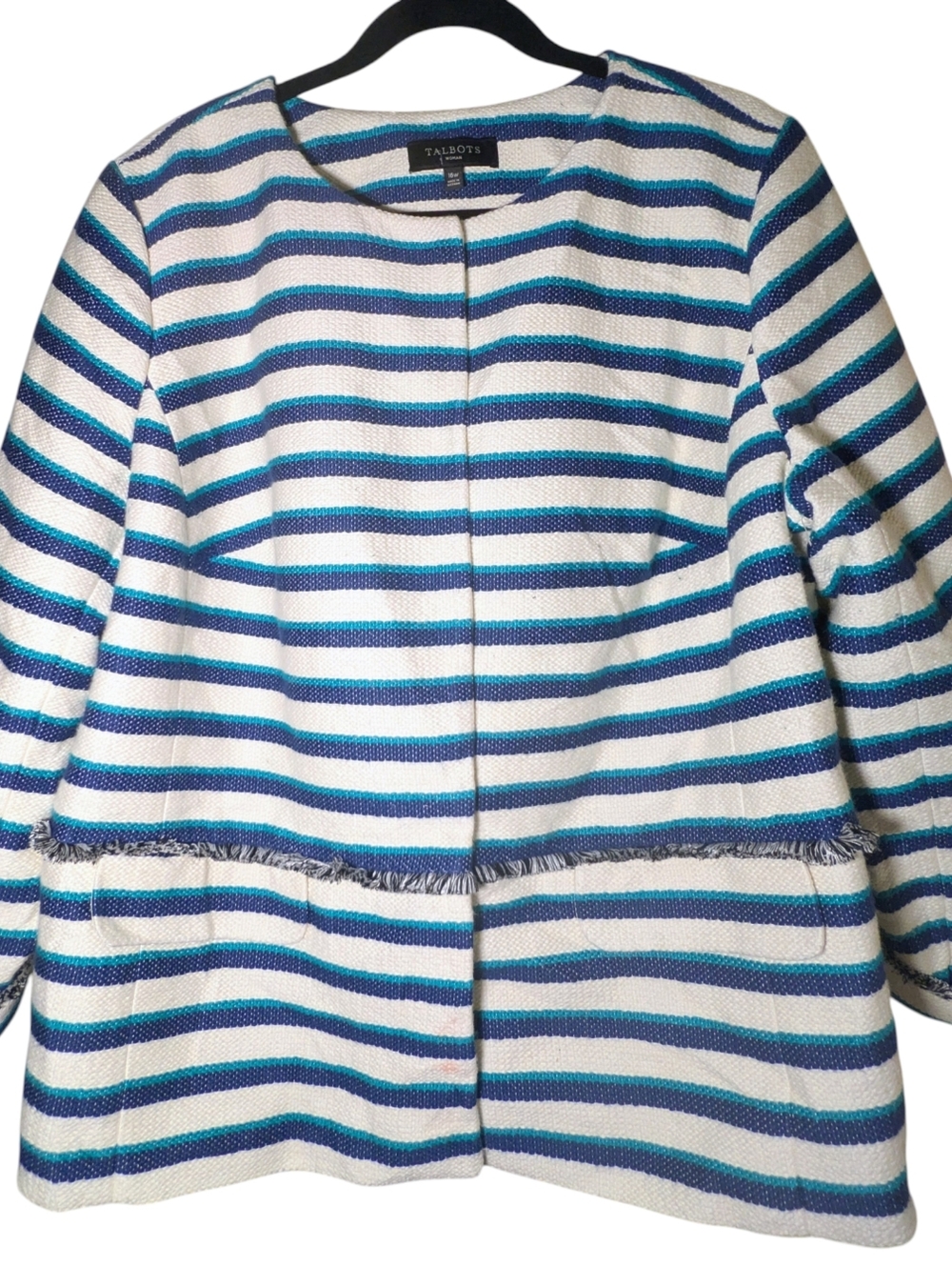 Talbots EUC Striped Tweed Fringe Jacket Blue Teal 16W